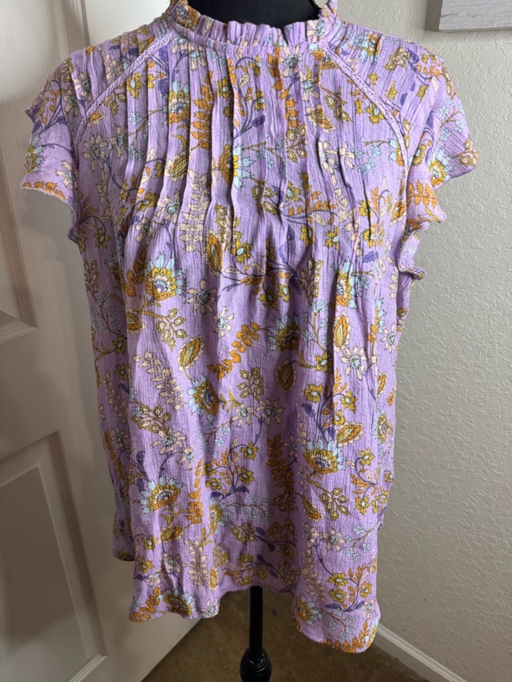Nanette Lepore Lilac Floral Ruffle-Neck Blouse